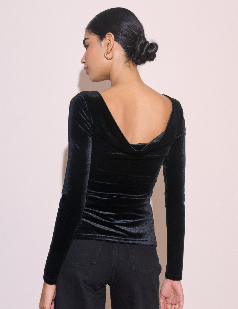 Black Cowl Back Velvet Top