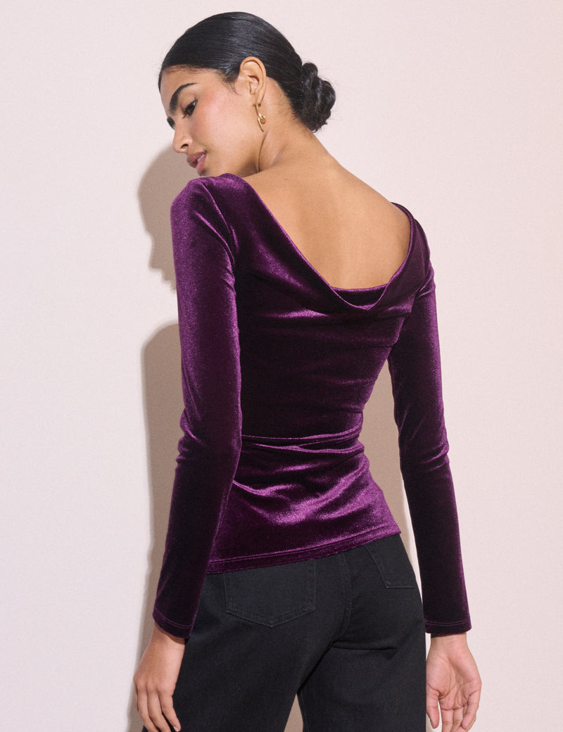 Purple Cowl Back Velvet Top