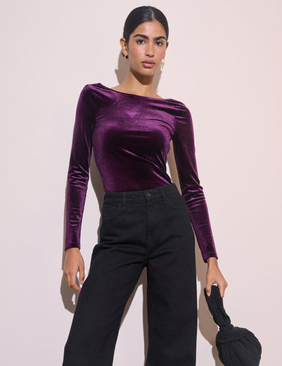 Purple Cowl Back Velvet Top