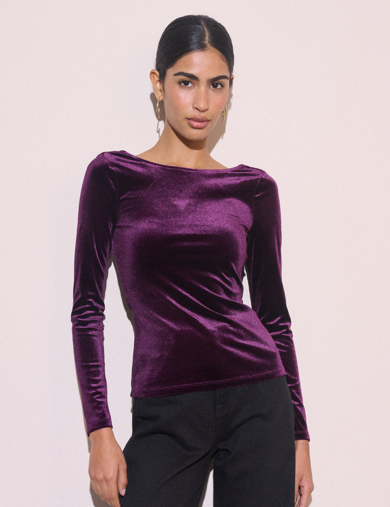 Purple Cowl Back Velvet Top