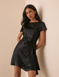 Black Gathered Satin Krina Mini Dress