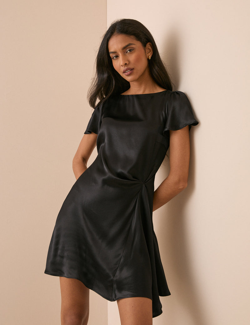 Black Gathered Satin Krina Mini Dress