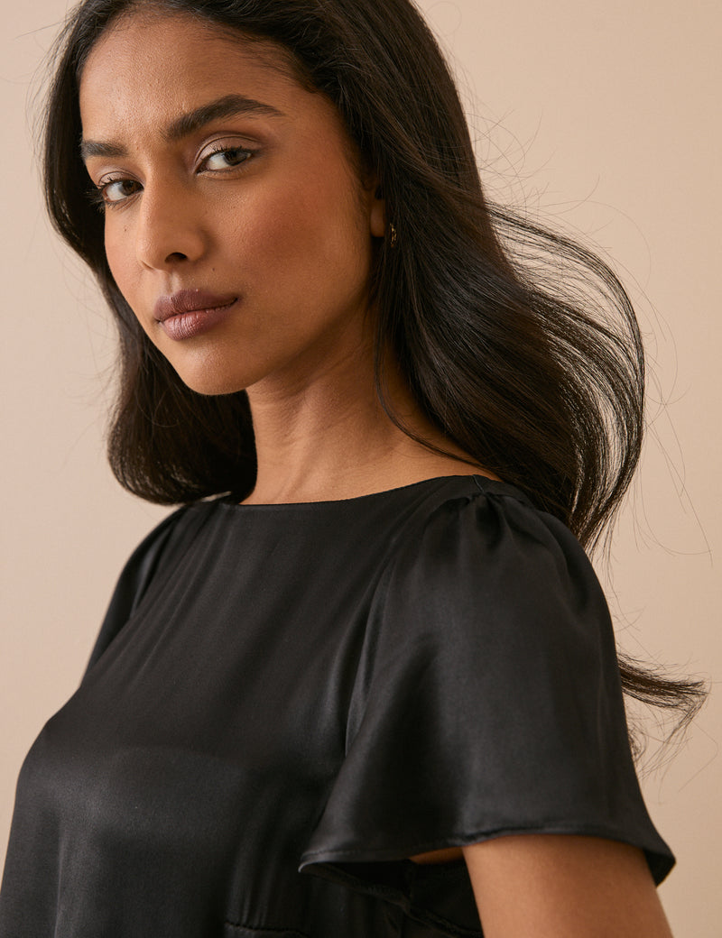Black Gathered Satin Krina Mini Dress