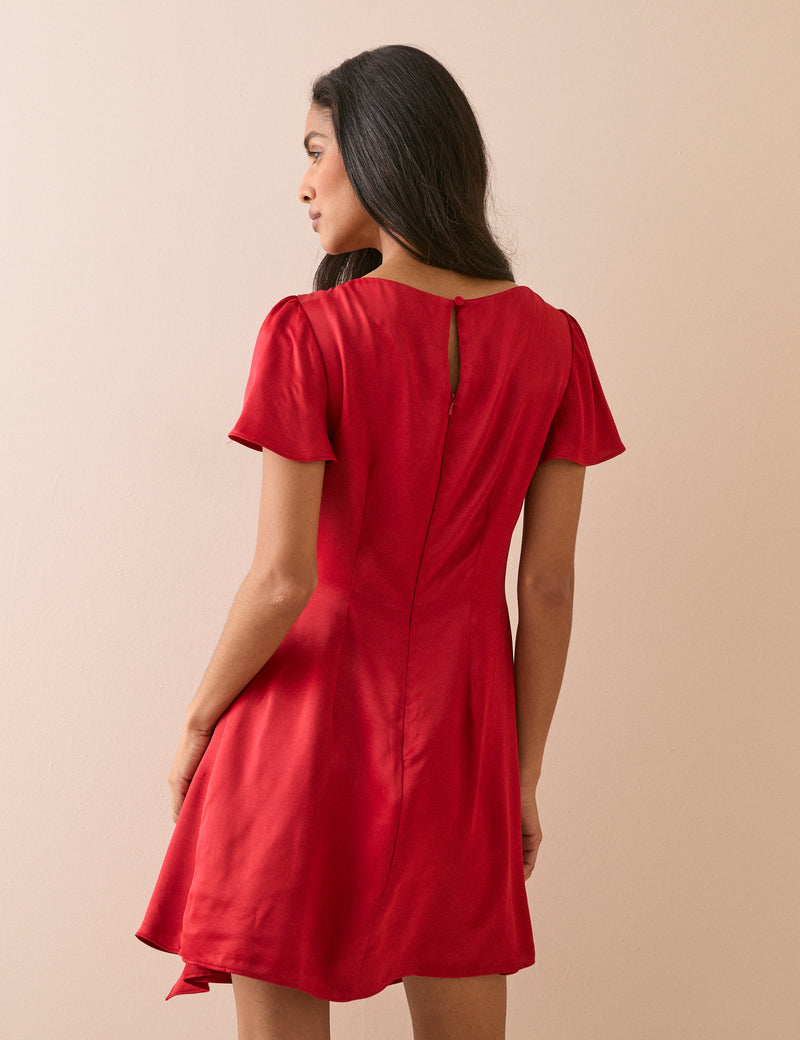 Red Gathered Satin Krina Mini Dress