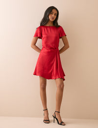 Red Gathered Satin Krina Mini Dress