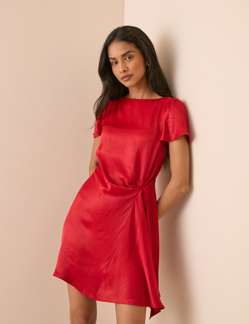 Red Gathered Satin Krina Mini Dress