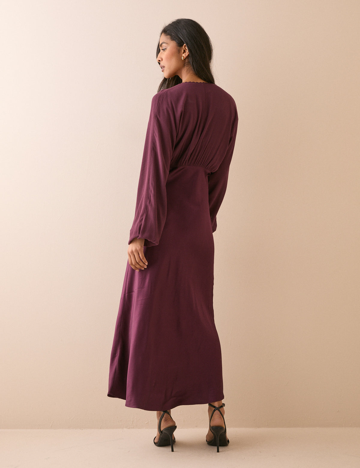 Burgundy Blouson Sleeve Satin Linda Midi Dress