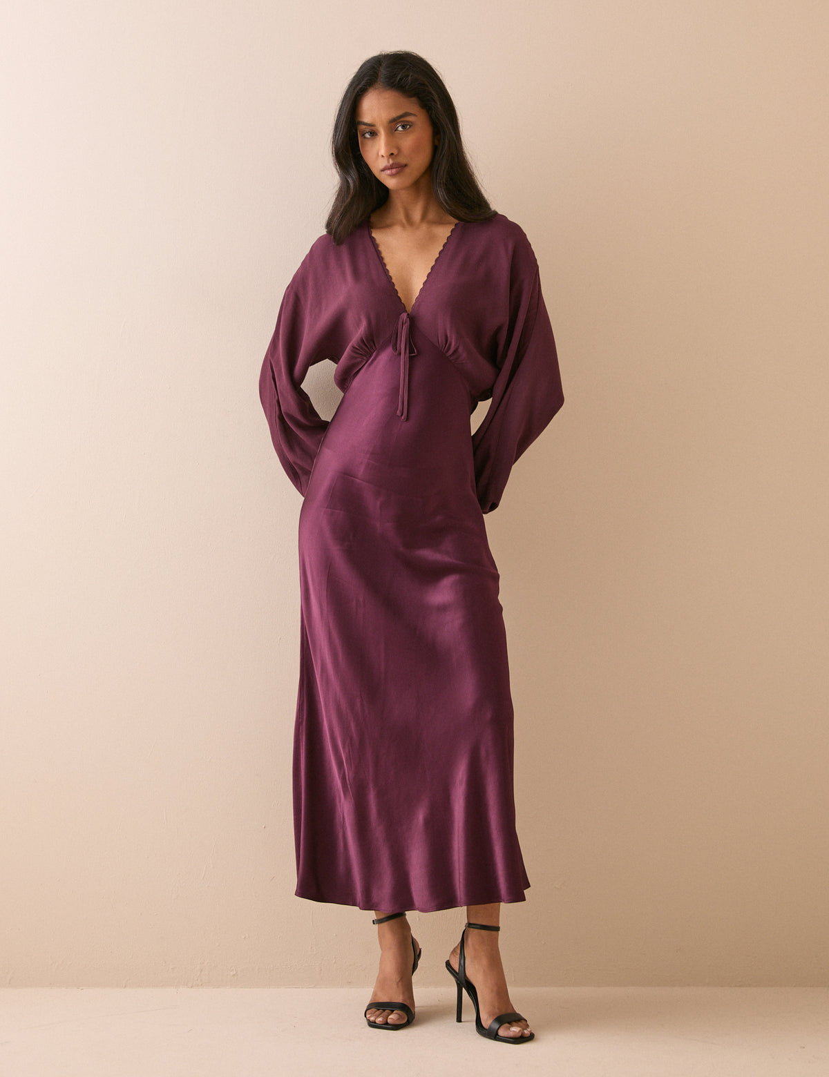 Burgundy Blouson Sleeve Satin Linda Midi Dress