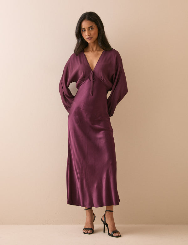 Burgundy Blouson Sleeve Satin Linda Midi Dress