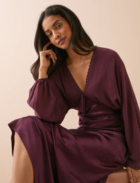 Burgundy Blouson Sleeve Satin Linda Midi Dress