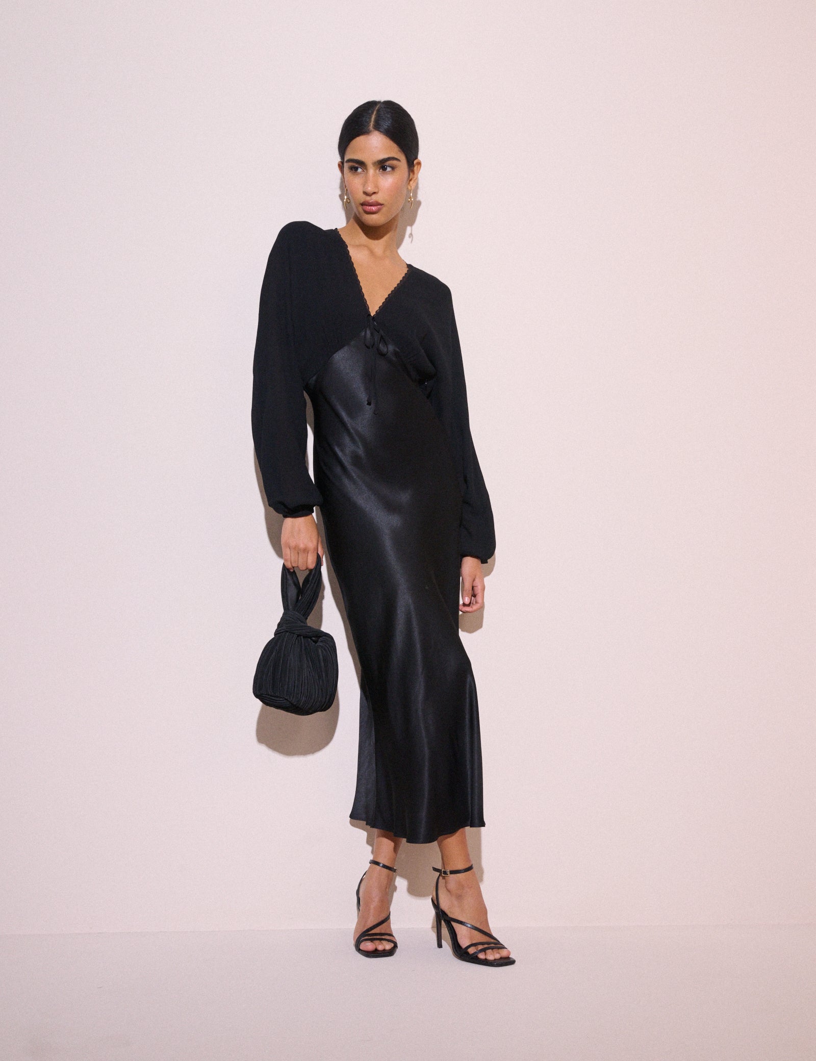Black Blouson Sleeve Satin Linda Midi Dress