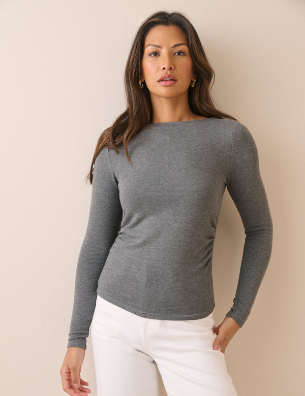 Grey Marl Ruched Boat Neck Top