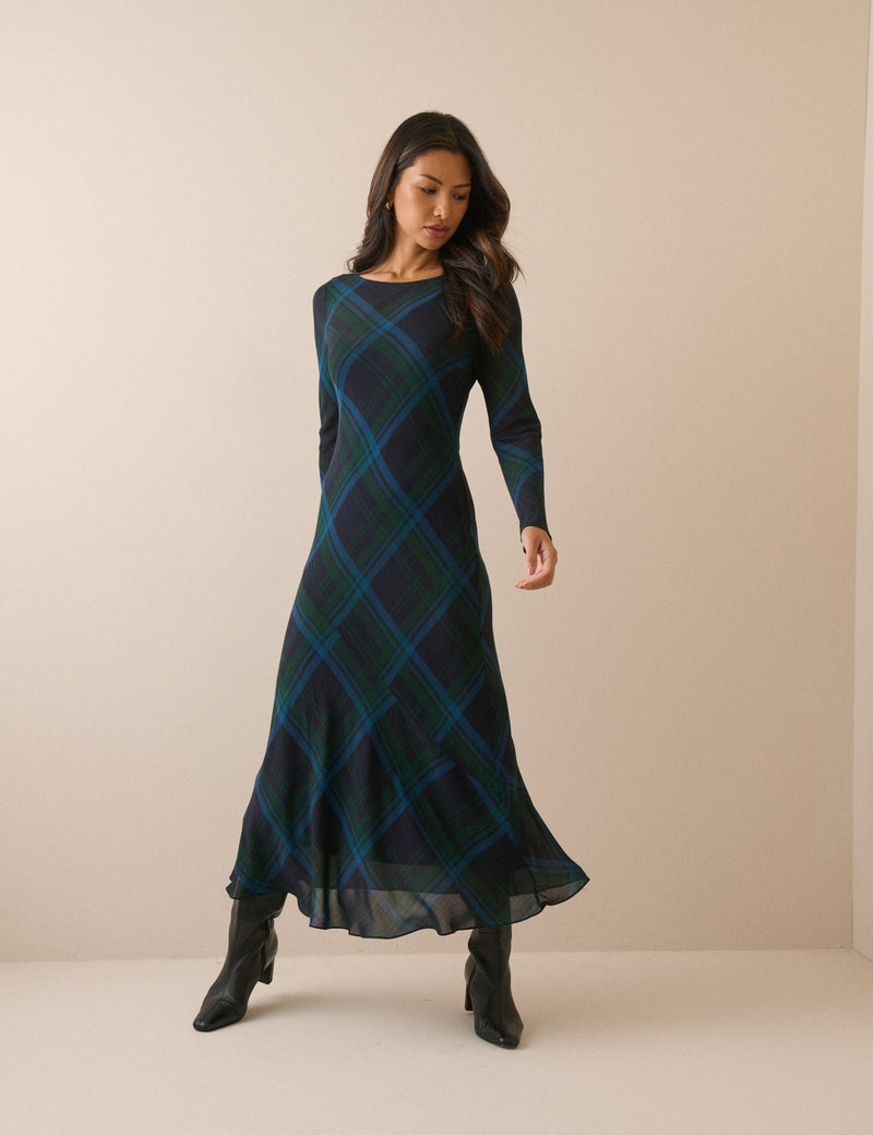 Navy tartan check long sleeve midi dress
