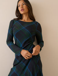 Navy tartan boat neck midi dress