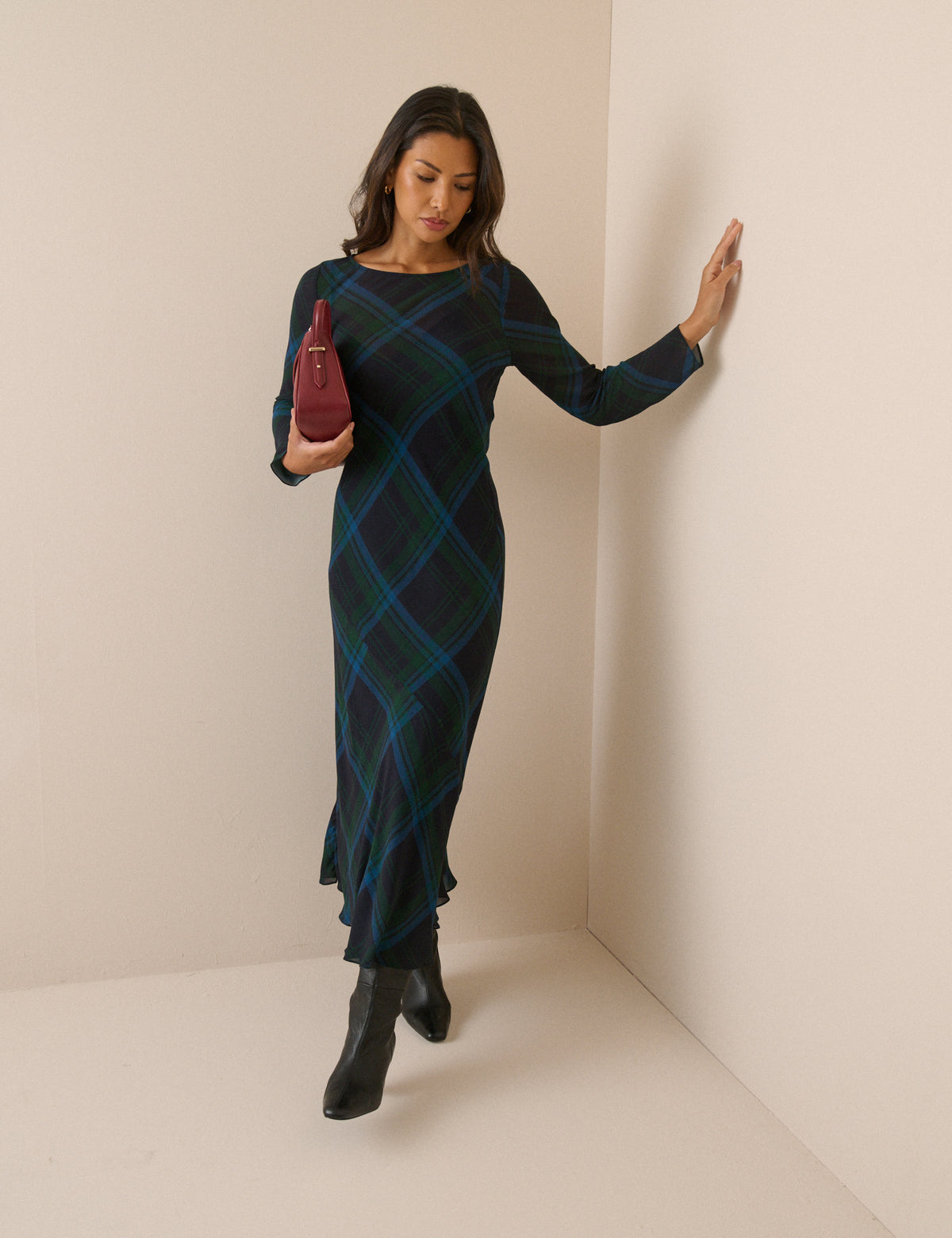 Navy tartan boat neck midi dress with long sleeves