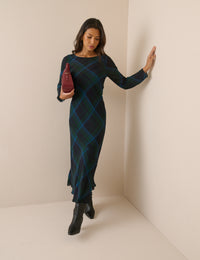 Navy tartan boat neck midi dress with long sleeves