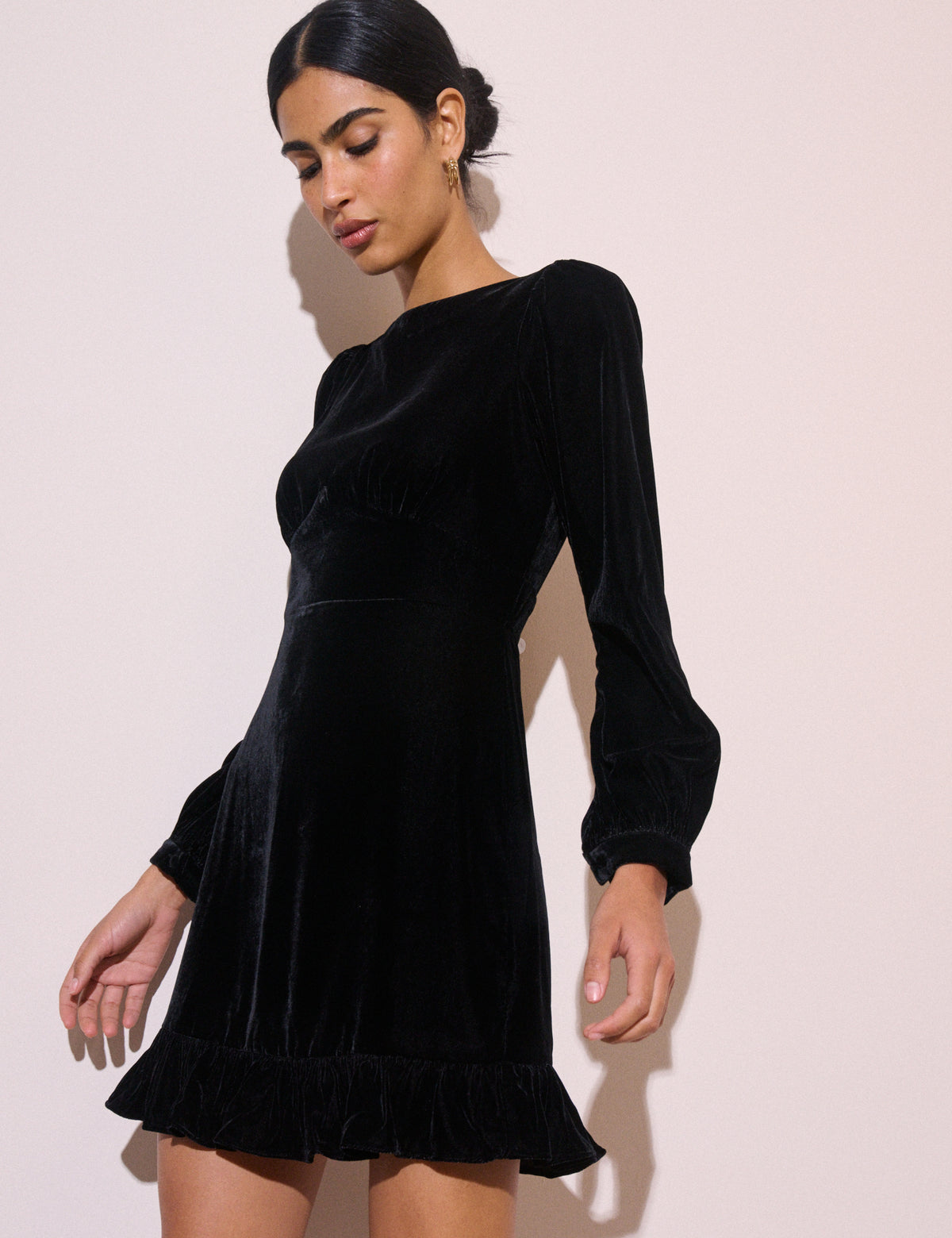 Black Ruffled Trim Velvet Frieda Mini Dress