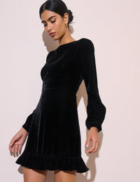 Black Ruffled Trim Velvet Frieda Mini Dress