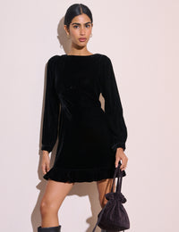 Black Ruffled Trim Velvet Frieda Mini Dress