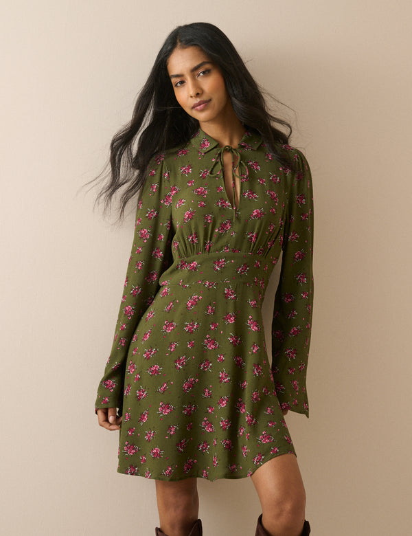 Khaki Floral Tie Front Moxie Mini Dress