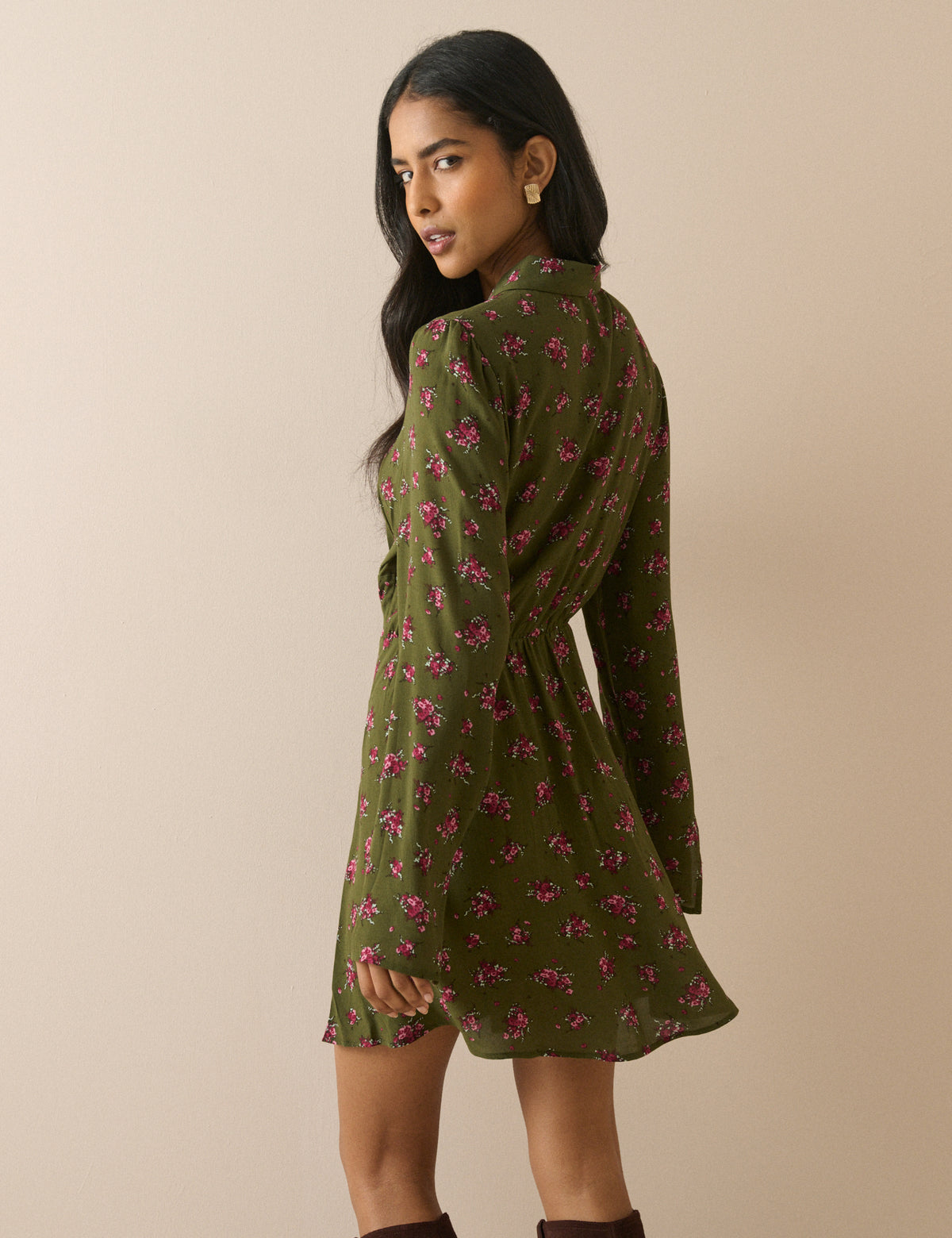 Khaki Floral Tie Front Moxie Mini Dress