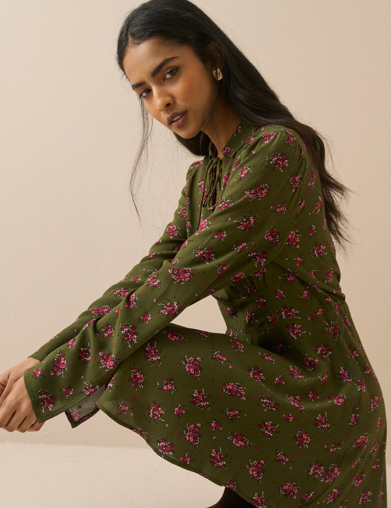 Khaki Floral Tie Front Moxie Mini Dress