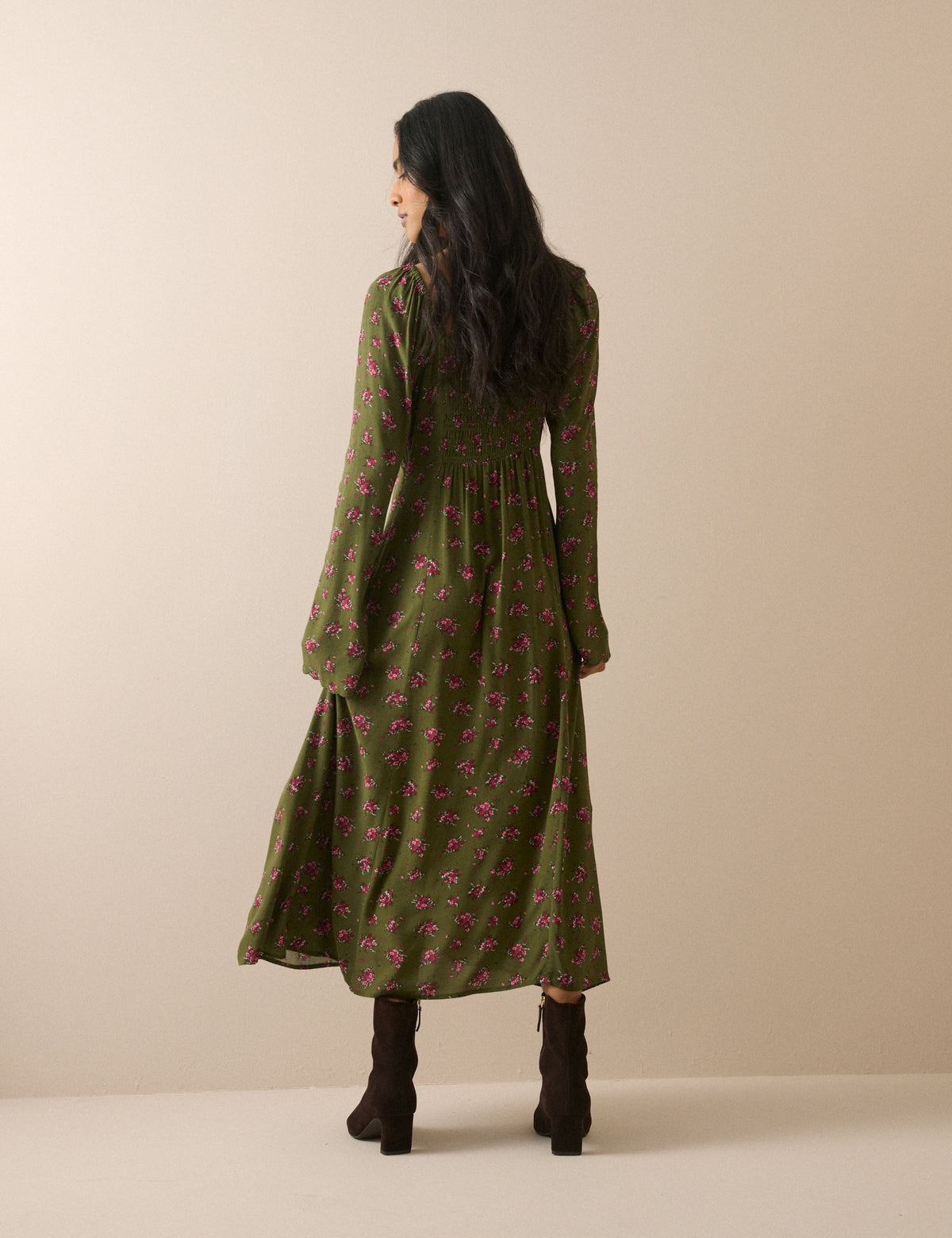 Khaki Floral Scallop Edge Lyon Midi Dress