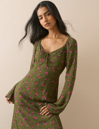 Khaki Floral Scallop Edge Lyon Midi Dress
