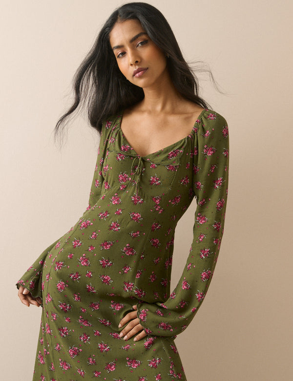 Khaki Floral Scallop Edge Lyon Midi Dress