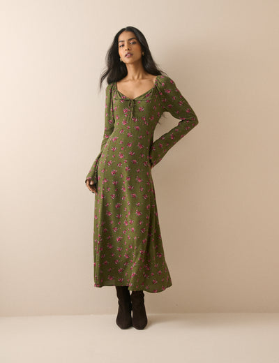 Khaki Floral Scallop Edge Lyon Midi Dress
