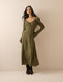 Khaki Floral Scallop Edge Lyon Midi Dress