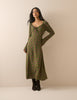Khaki Floral Scallop Edge Lyon Midi Dress