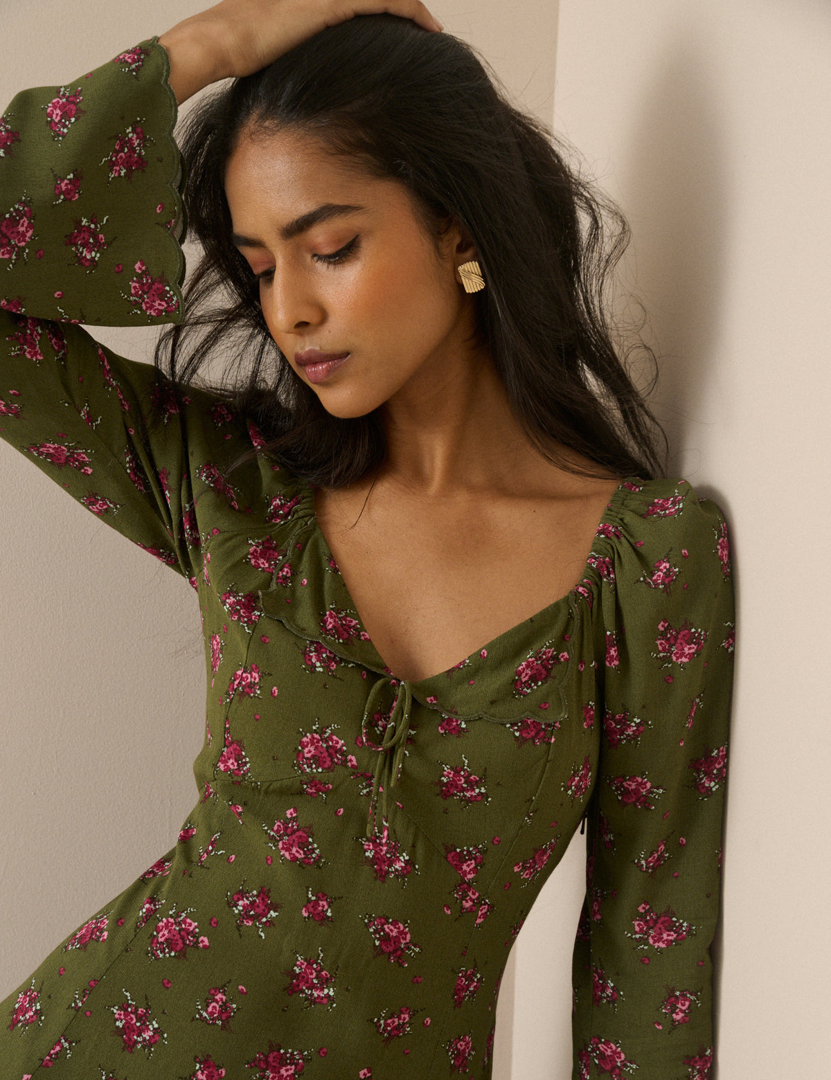 Khaki Floral Scallop Edge Lyon Midi Dress