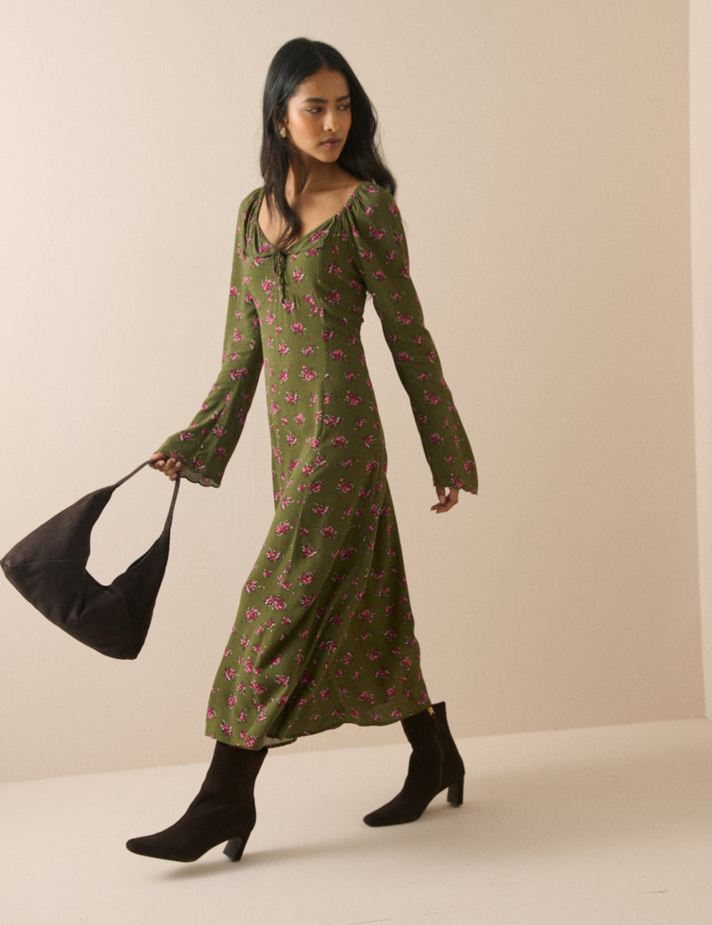 Khaki Floral Scallop Edge Lyon Midi Dress