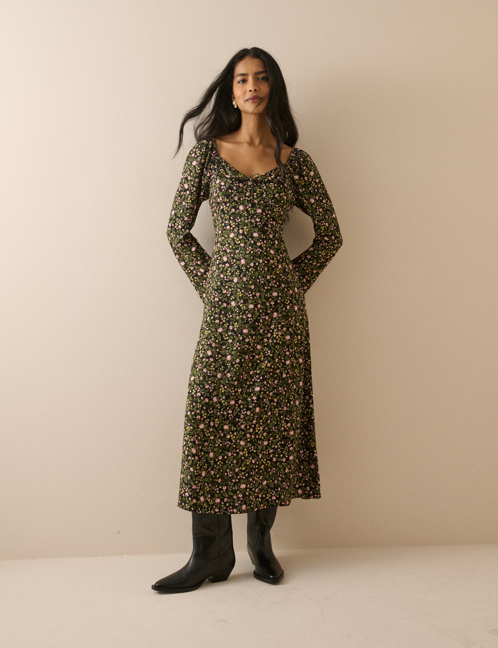 Green Floral Scallop Edge Lyon Midi Dress