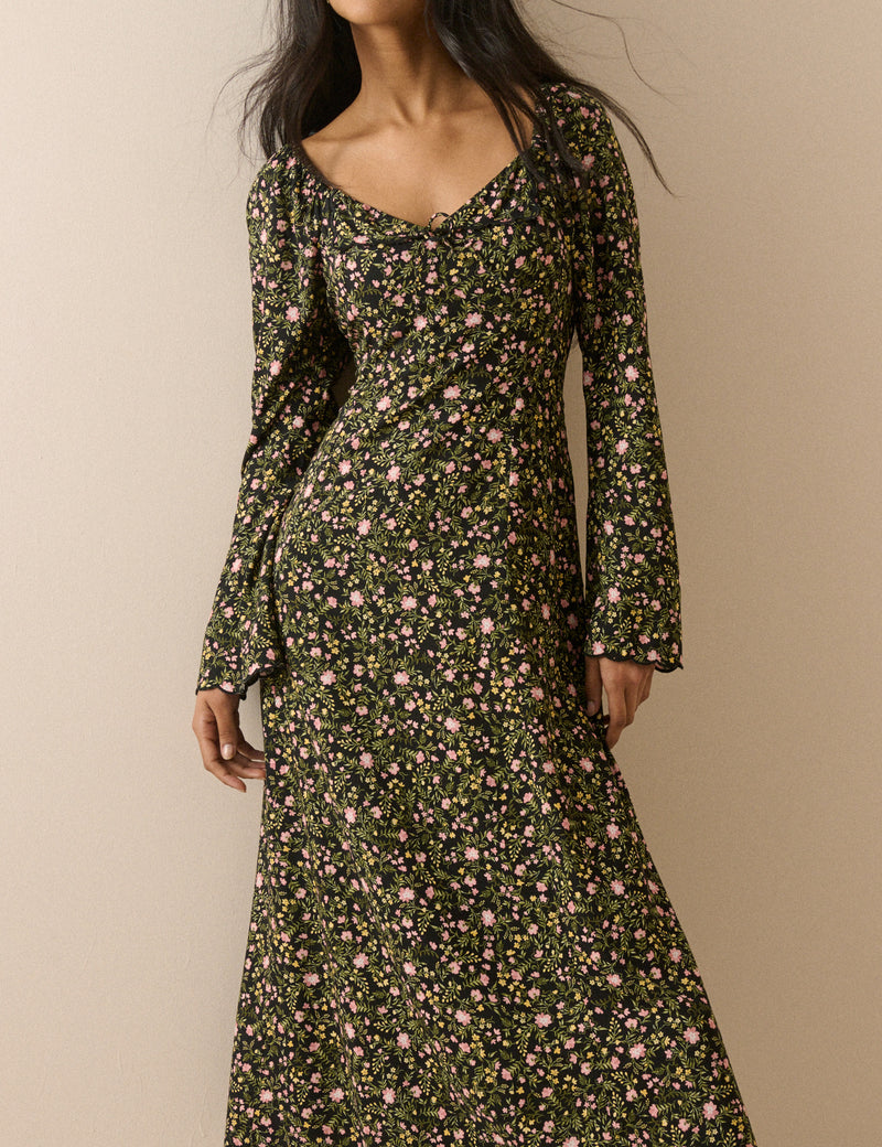 Green Floral Scallop Edge Lyon Midi Dress