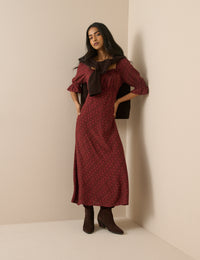 Red Floral Frill Trim Winslet Midi Dress
