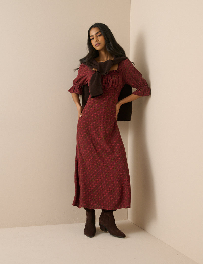 Red Floral Frill Trim Winslet Midi Dress