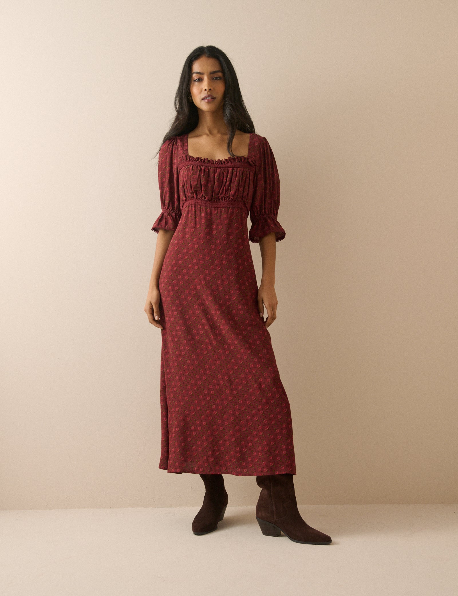 Square Neck Winslet Midi Dress with Lace Trim | Nobody's Child