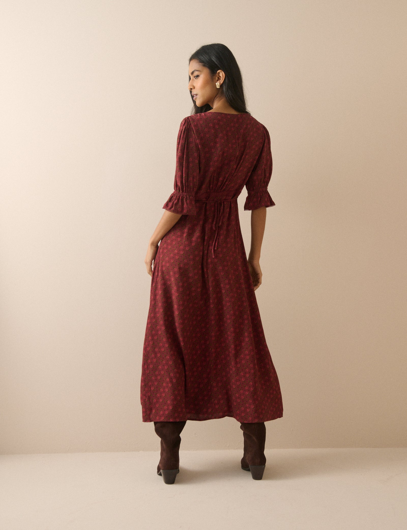 Red Floral Frill Trim Winslet Midi Dress