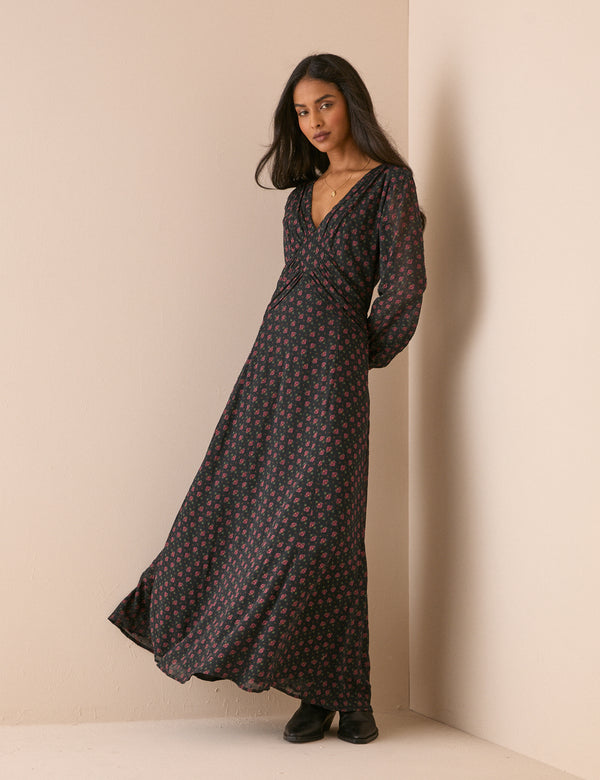 Black Floral Ruched Ines Maxi Dress