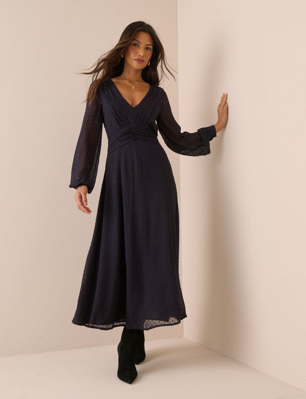 Navy Ruched Ines Midi Dress
