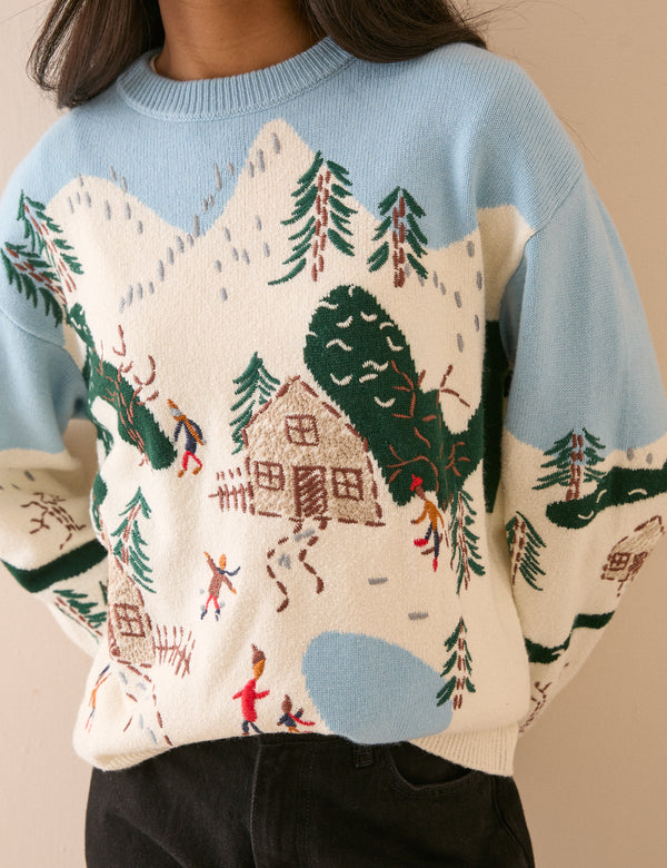 Blue and White Festive Wool-Blend Jumper