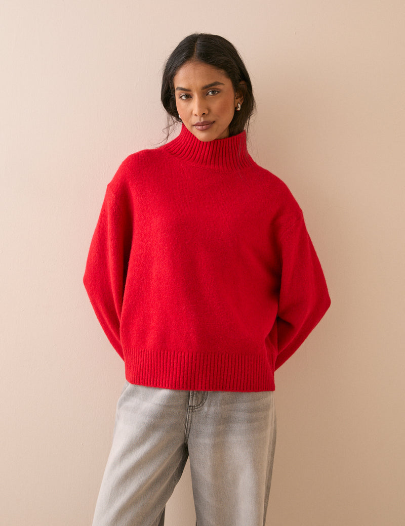 Red Relaxed Fit Funnel Neck Jumper