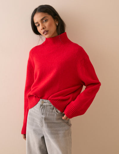 Red Relaxed Fit Funnel Neck Jumper
