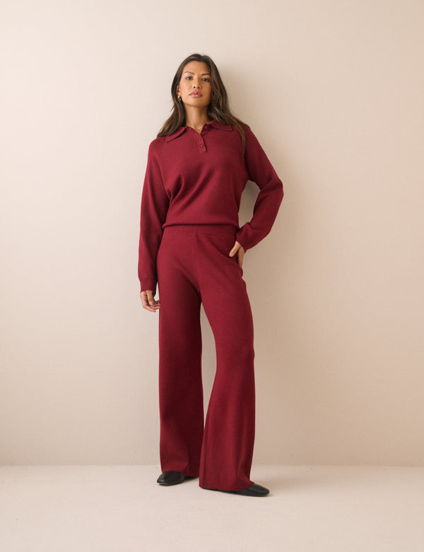 Red Knitted Collared Polo Top
