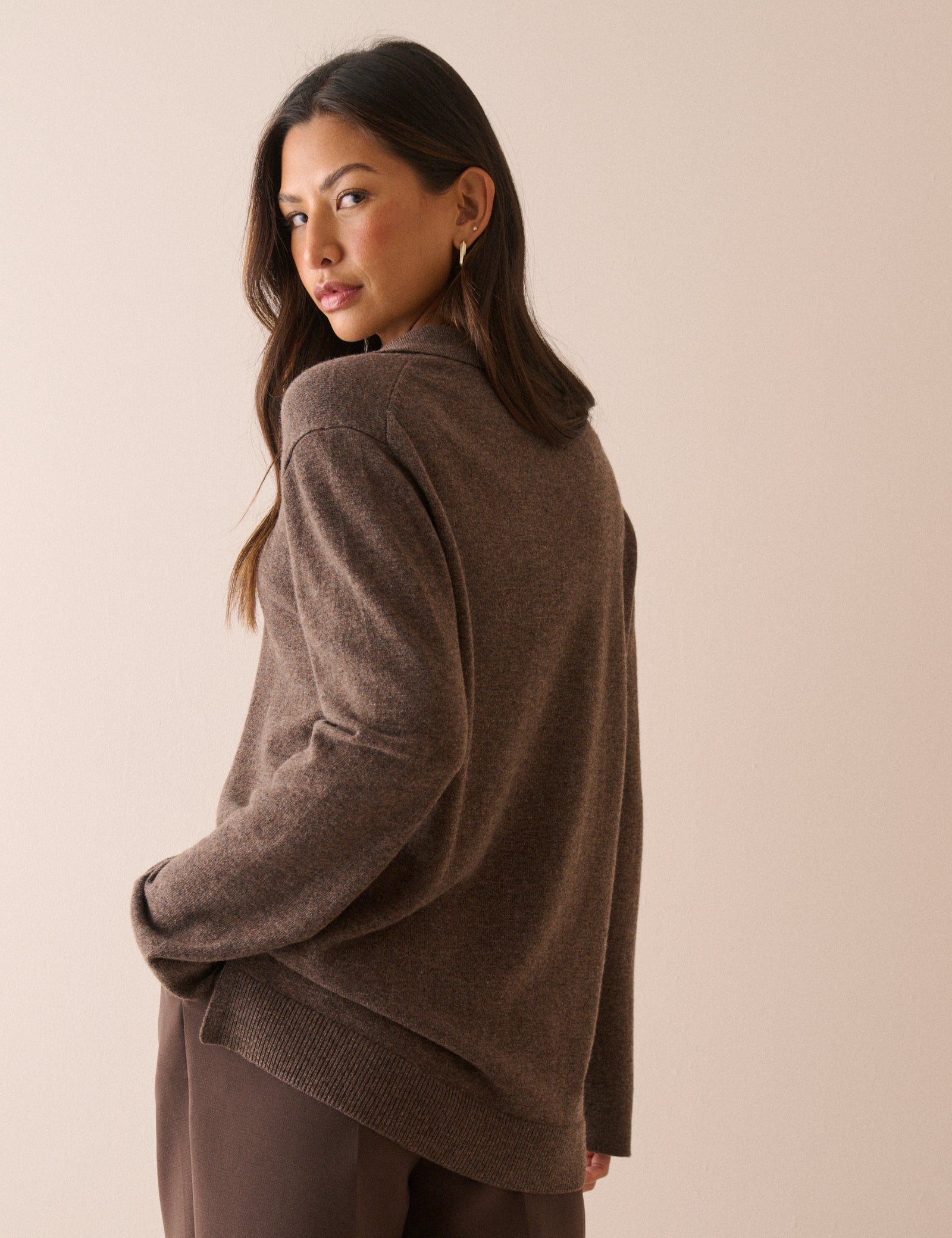 Chocolate Brown Marl Open Collar Wool Jumper