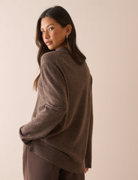 Chocolate Brown Marl Open Collar Wool Jumper
