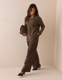 Chocolate Brown Marl Open Collar Wool Jumper