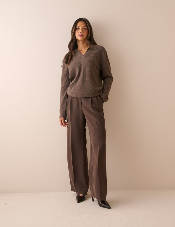 Chocolate Brown Marl Open Collar Wool Jumper
